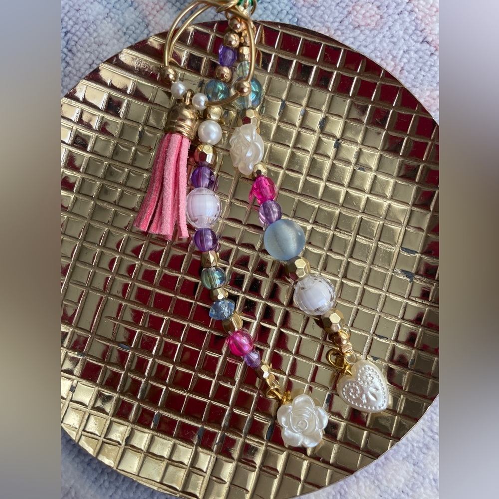 Gold and Pink Beaded Keychain